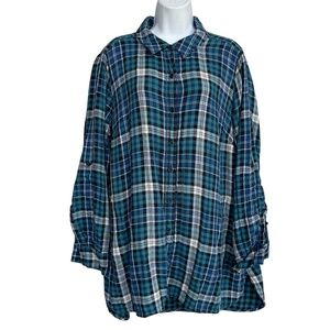 Lane Bryant Plus Size 18/20 Blue Black Plaid Flannel Top Button Up Shirt Outdoor